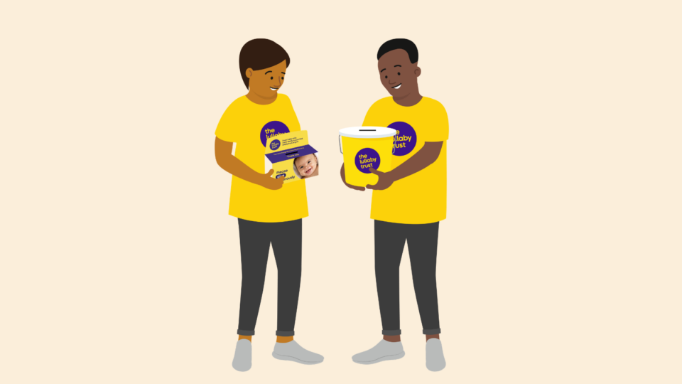 Illustration of two people holding Lullaby Trust collection buckets and boxes