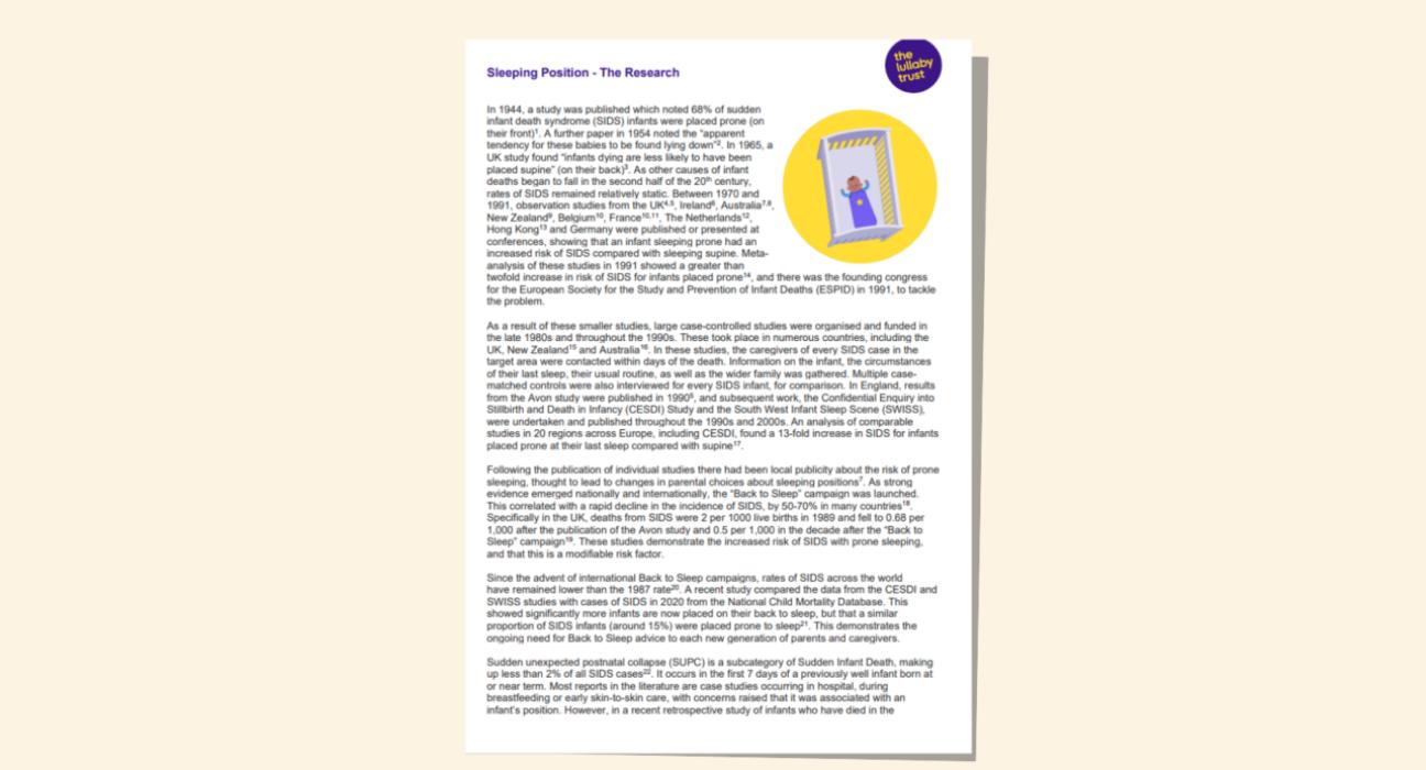 Screenshot of evidence base document about sleeping position.