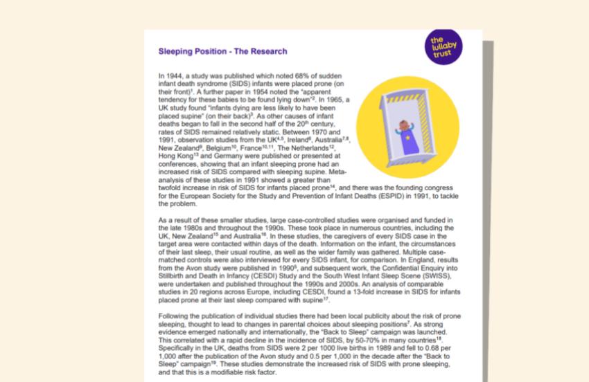 Screenshot of evidence base document about sleeping position.