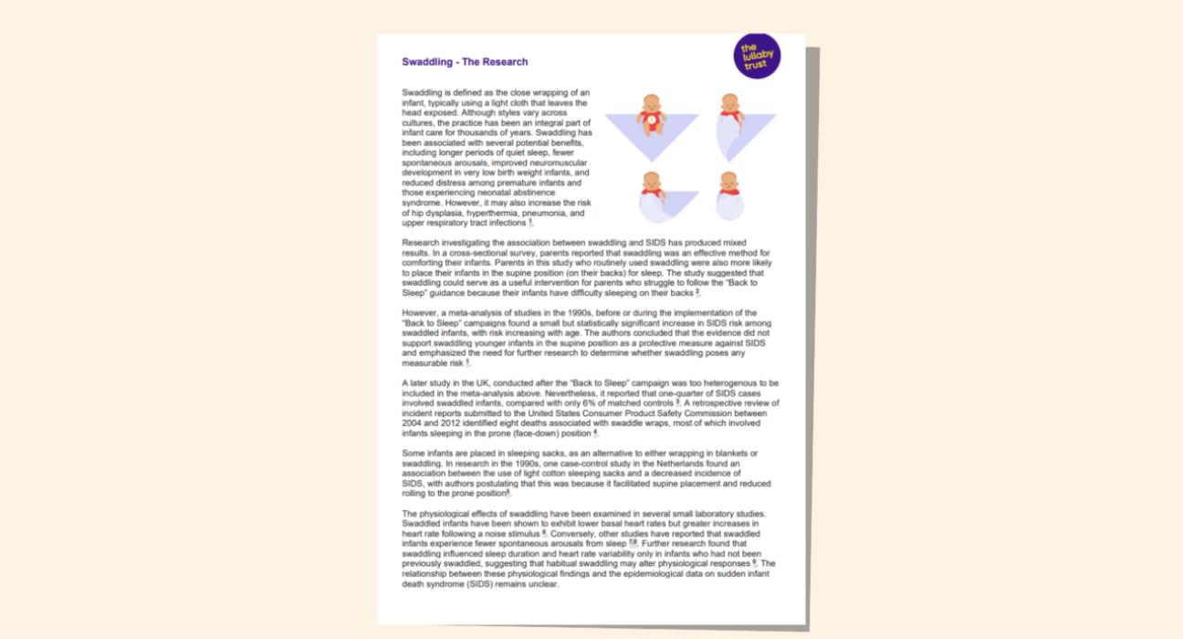 Screenshot of evidence base document about swaddling.