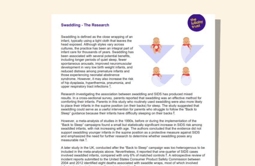 Screenshot of evidence base document about swaddling.