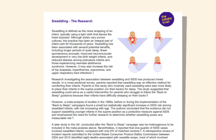Screenshot of evidence base document about swaddling.