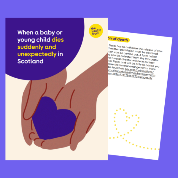 A graphic of the When a baby dies in Scotland resource front page, and an inside page. On the front page is a pair of illustrated hands, holding a purple love heart.