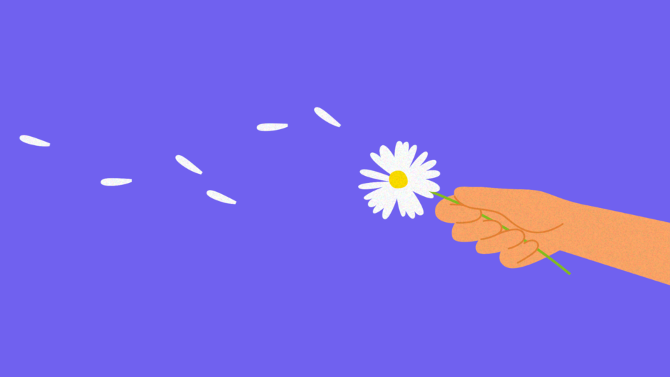 An illustration of a hand holding a flower that looks like a daisy. The flower has petals flying away in the wind.