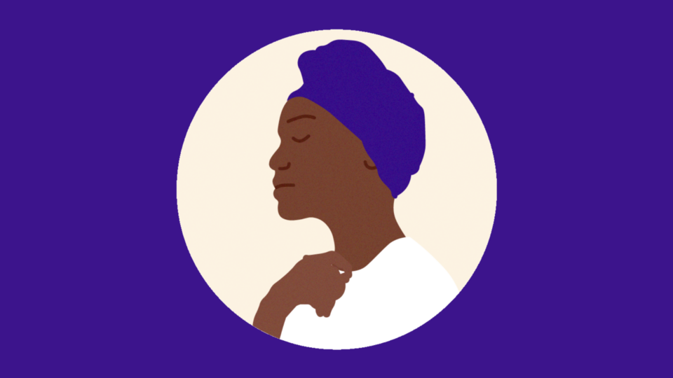 An illustration of a black woman with her eyes closed, she is facing side-on and wearing a hair wrap. Her hand is near her neck and her expression is neutral.
