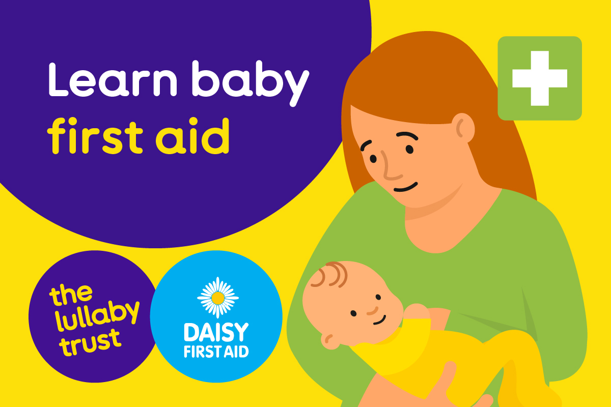 Illustration of a woman holding a baby, with a first aid symbol above them and 'Learn baby first aid' alongside. The Lullaby Trust and Daisy First Aid logos sit side-by-side.