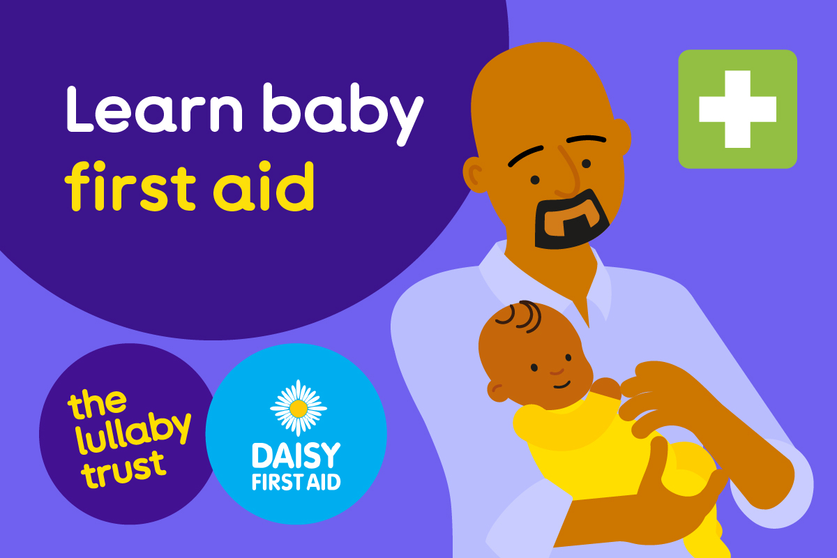 Illustration of a man holding a baby, with a first aid symbol above them and 'Learn baby first aid' alongside. The Lullaby Trust and Daisy First Aid logos sit side-by-side.
