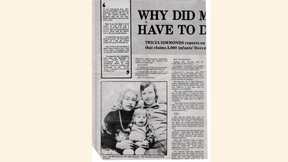 Newspaper clipping of Jean's story. There is a photo of her, Mick and Katrina.