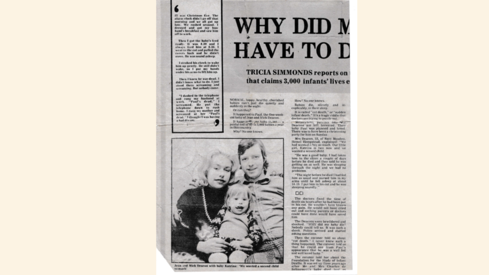 Newspaper clipping of Jean's story. There is a photo of her, Mick and Katrina.