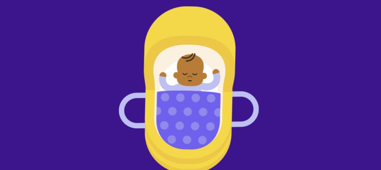 Baby sleeping in Moses basket with a tucked in purple blanket.