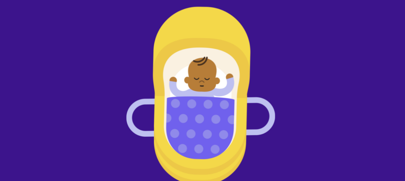 Baby sleeping in Moses basket with a tucked in purple blanket.