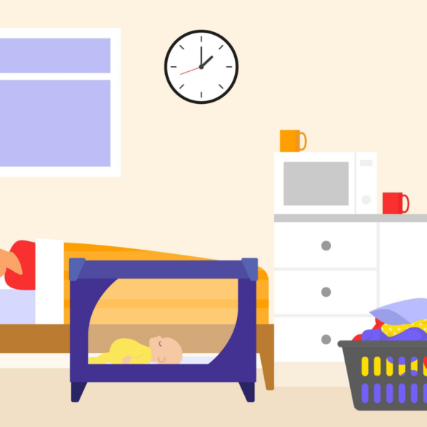 An illustration of a mum sleeping in bed, next to a baby sleeping in a travel cot. The family are in temporary accommodation, so you can see the fridge and kitchen in the same room.