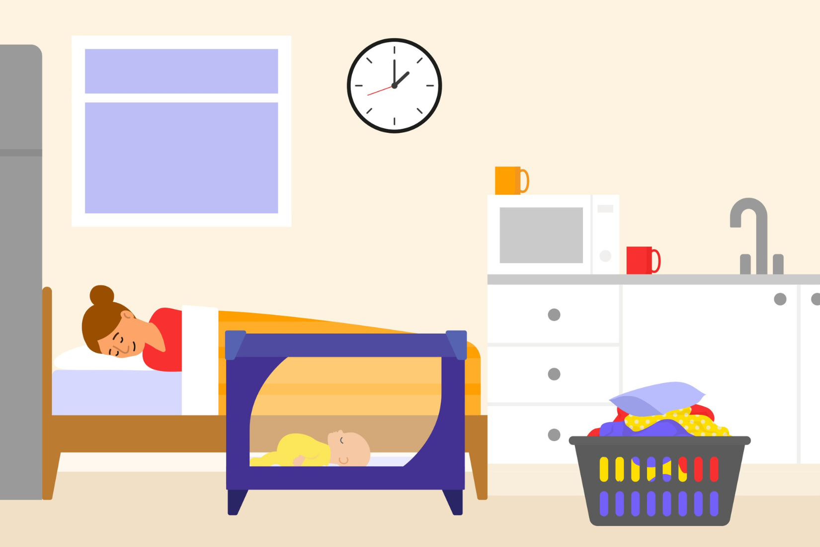 An illustration of a mum sleeping in bed, next to a baby sleeping in a travel cot. The family are in temporary accommodation, so you can see the fridge and kitchen in the same room.
