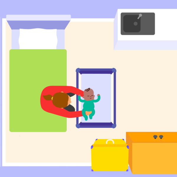 A birds eye view of an illustration of a Mother and Baby Unit in a prison. The mum is placing the baby to sleep in their sleep space, a travel cot, and is sat on her adult bed. In the room there is storage drawers and a sink.