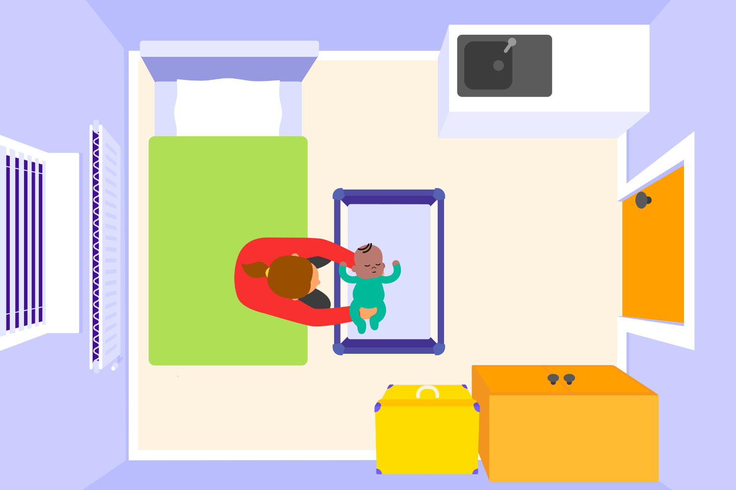 A birds eye view of an illustration of a Mother and Baby Unit in a prison. The mum is placing the baby to sleep in their sleep space, a travel cot, and is sat on her adult bed. In the room there is storage drawers and a sink.