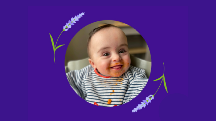 Photo of Gigi in a circle with a purple background and illustrations of purple flowers.
