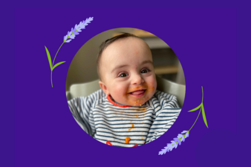 Photo of Gigi in a circle with a purple background and illustrations of purple flowers.