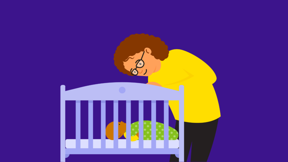 Lady supervising a baby who is asleep in a cot