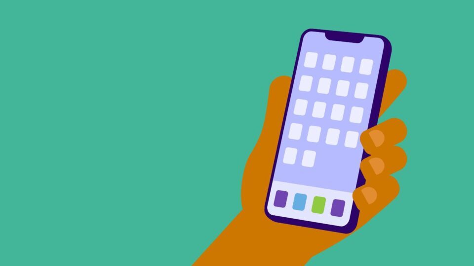 An illustration of a mobile phone in a hand, with lots of apps