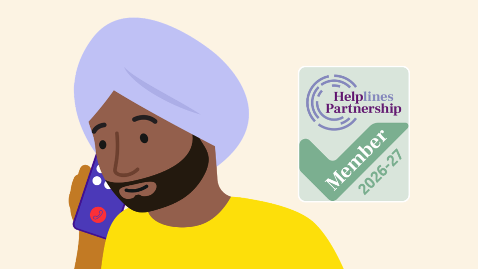 Illustration of a man talking on the phone. Beside him is a logo for the Helplines partnership