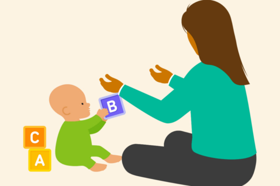 An illustration of an early years practitioner engaging with a young baby, playing with alphabet blocks,