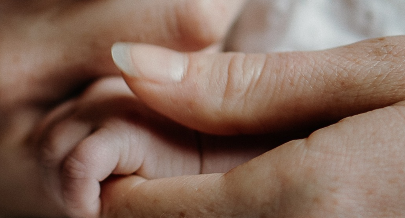 A close up of a baby's hand grasping the parent's hand