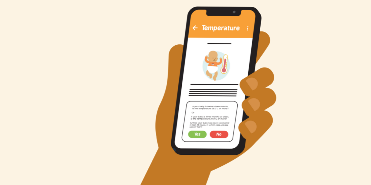 Illustration of a phone being held by a hand. It is on the Baby Check app by The Lullaby Trust.