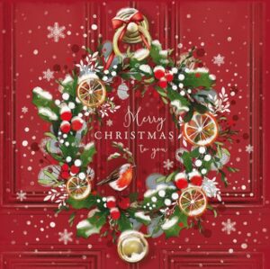Card design with an illustration of a red door with a wreath on. A robin sits in the middle of the wreath and gold writing reads 'Merry Christmas to you'.