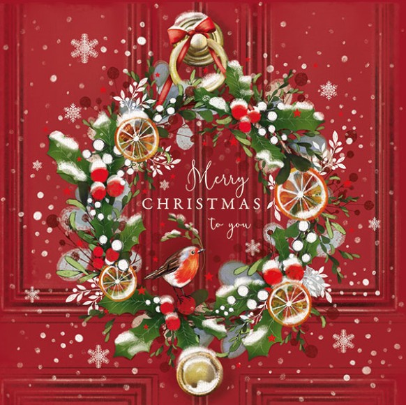 Card design with an illustration of a red door with a wreath on. A robin sits in the middle of the wreath and gold writing reads 'Merry Christmas to you'.