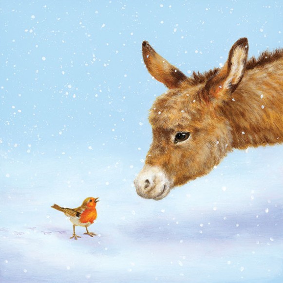 A card with an illustration of a donkey's head leaning in from the side of the card to look at a robin in the snow.