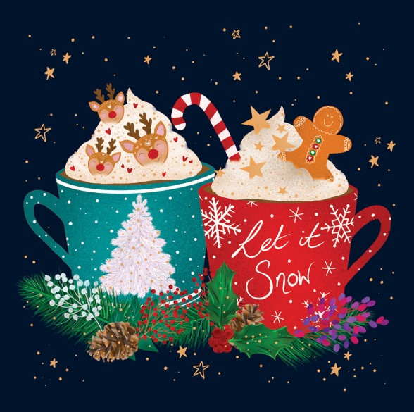 A card design illustrated with two festive mugs piled high with cream, a candy cane and gingerbread man