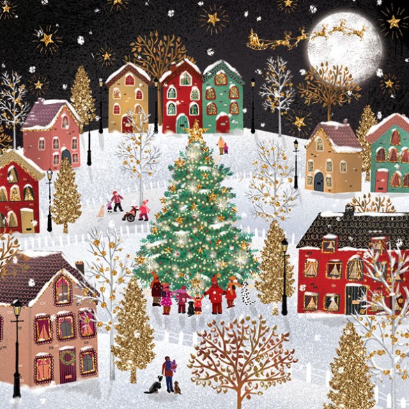 Card design with an illustration of a nightime scene of red, green and beige houses, arranged around a Christmas tree. Villagers stand at the tree and play in the snow around. Golden stars and a golden santa's sleigh twinkle in the sky.