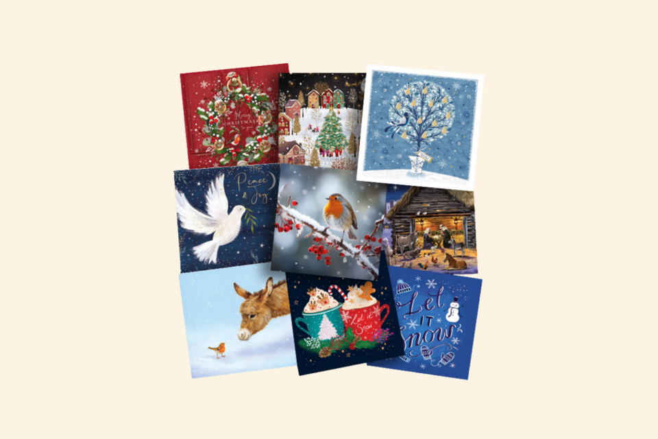 Collage of nine designs for the Christmas cards available in our shop
