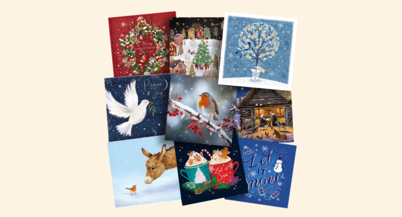 Collage of nine designs for the Christmas cards available in our shop