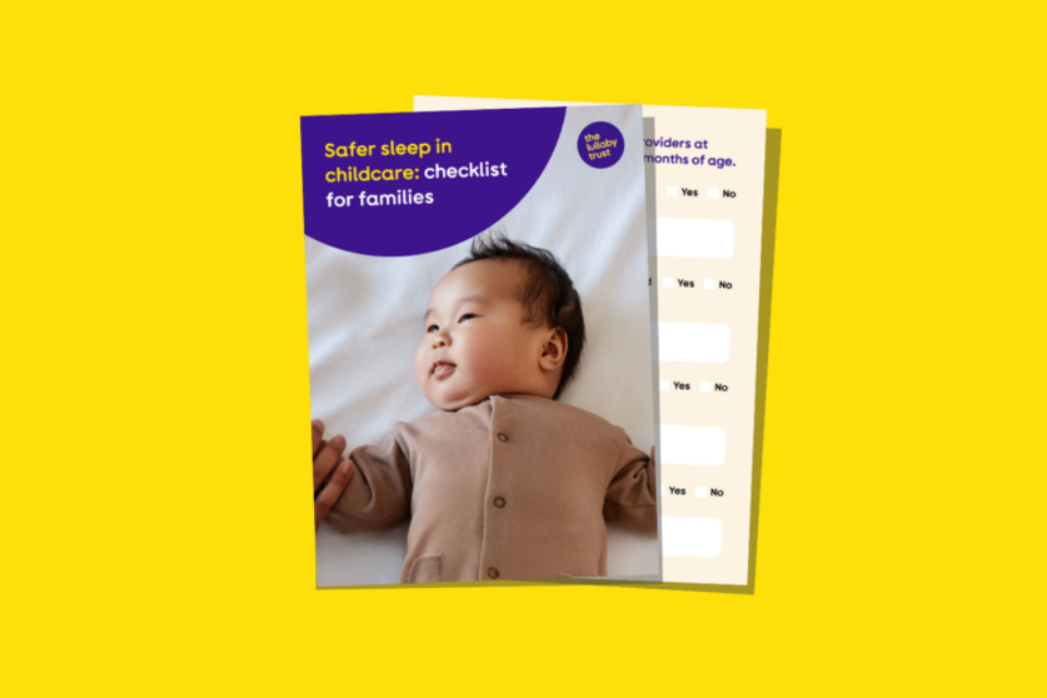 Screenshot of the front cover and a page from the safer sleep checklist for families for childcare settings.