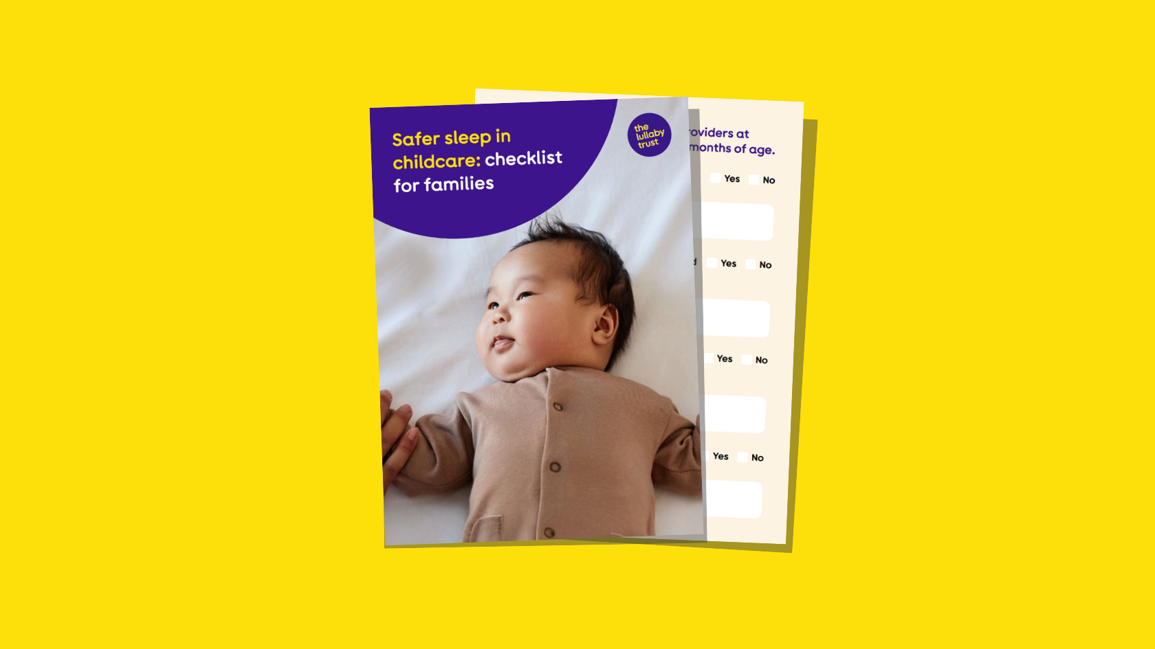 Screenshot of the front cover and a page from the safer sleep checklist for families for childcare settings.