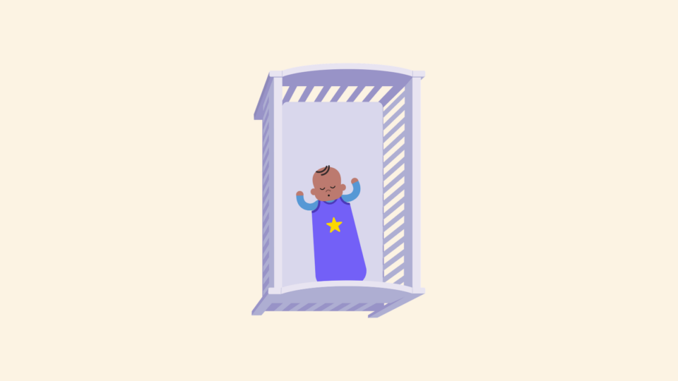 Baby sleeping in a cot, feet to foot, in a sleeping bag.