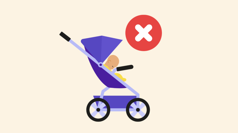 A big red cross next to a baby in a pram with their head slumped forward.