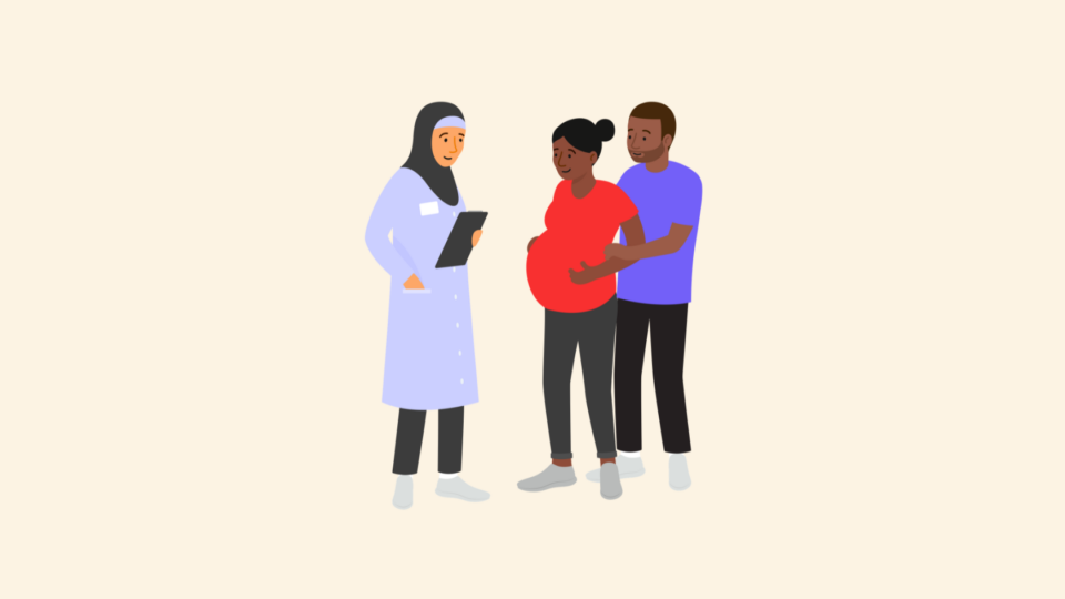Researcher holding a clipboard and wearing a hijab, walking to a pregnant couple.
