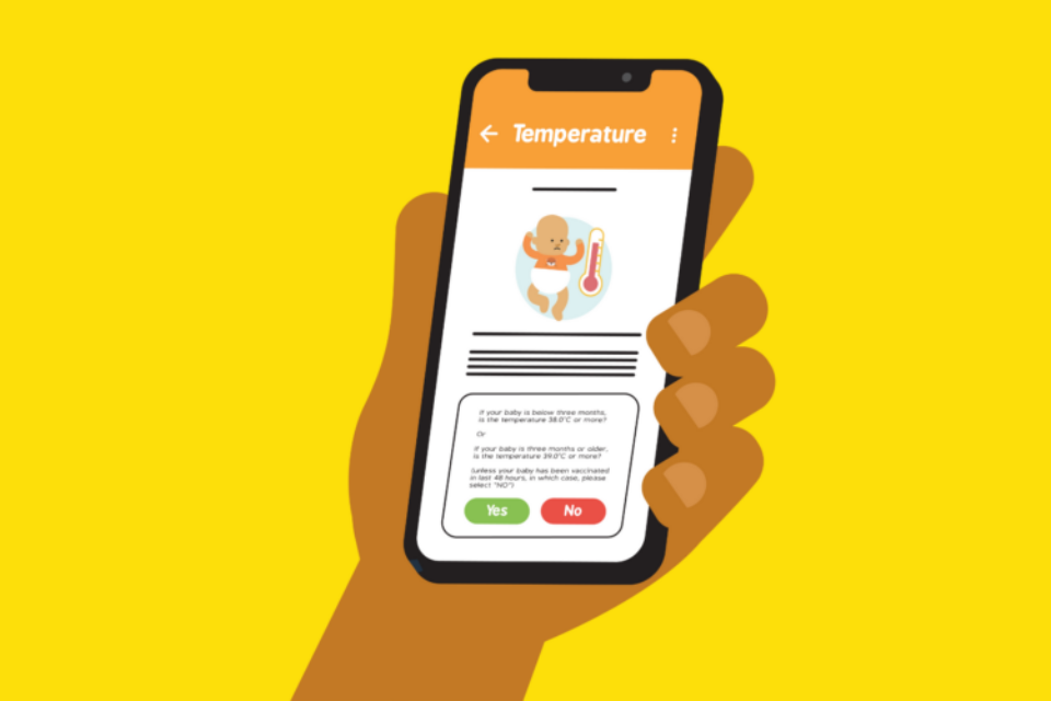 An illustration of a hand holding a phone with the Baby Check app open by The Lullaby Trust. It is on a page saying 'temperature', with an illustration of a baby and a thermometer.