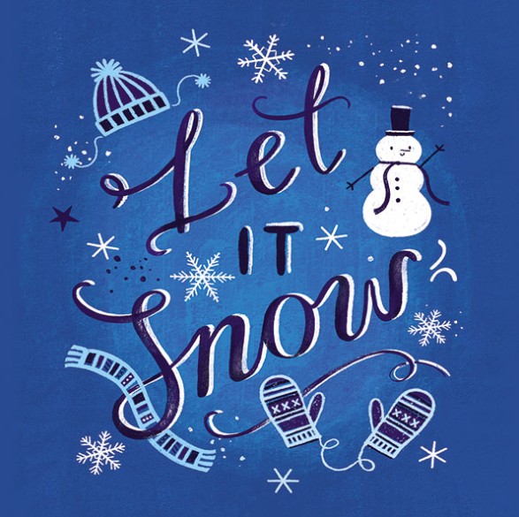 Card design with blue background and dark blue writing saying 'Let it snow' surrounded by drawings of a snowman, snowflakes, a scarf, hat and gloves