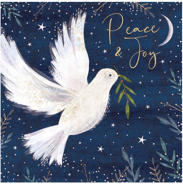 A card design with an illustration of a white dove, carrying a branch, againsta night sky. Text reads 'Peace and joy'
