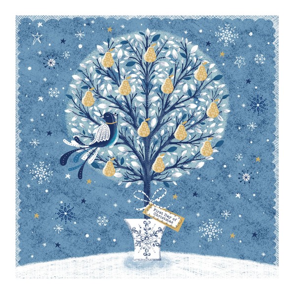 Card design with an illustration of a pear tree in a pot, with a partridge in. The pot has a gift tag saying 'first day of christmas'. Snowflaks and stars are scattered througout the blue background.