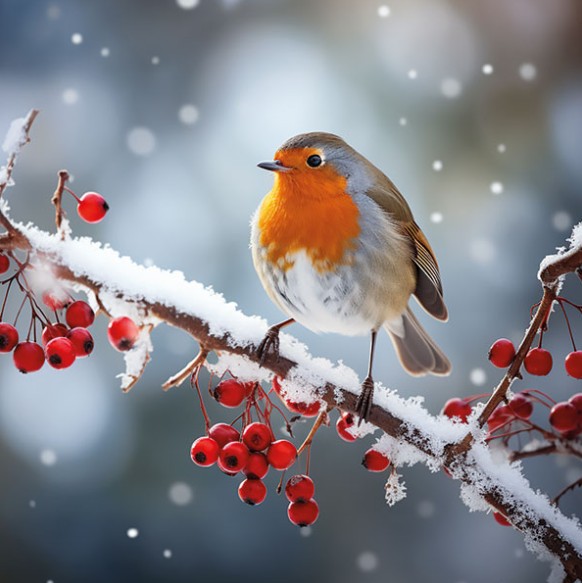 Card design with a photo of a robin sitting on a snowy branch with red berries