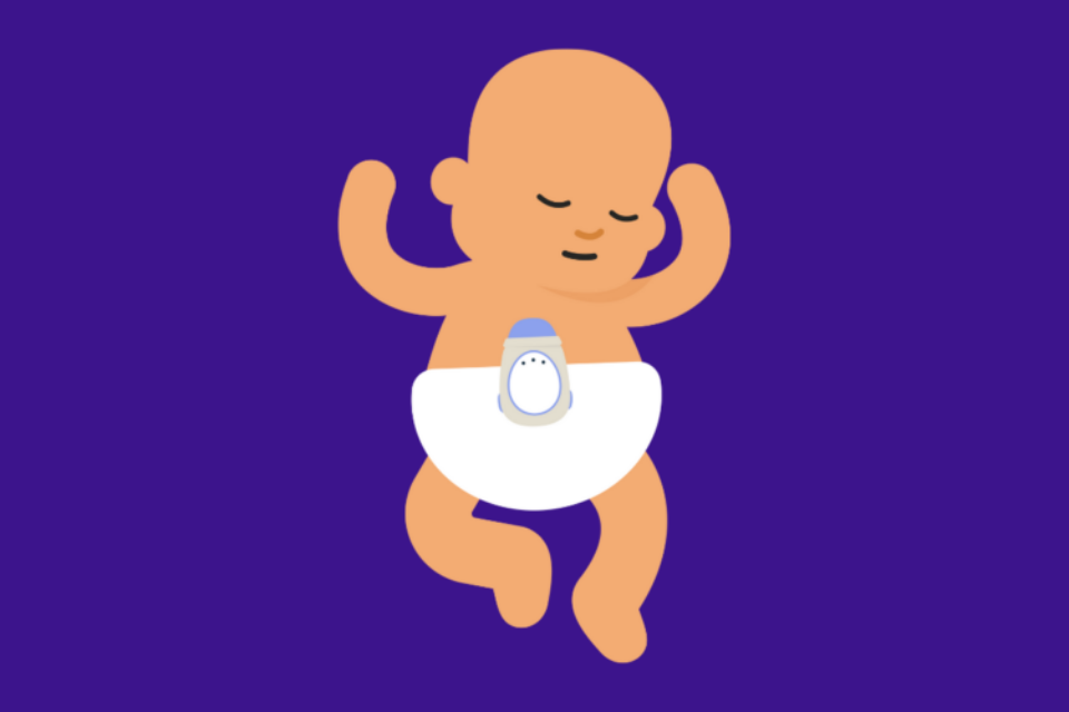 An illustrated baby is sleeping. They have fair skin and wear a nappy. On their nappy is a movement monitor.