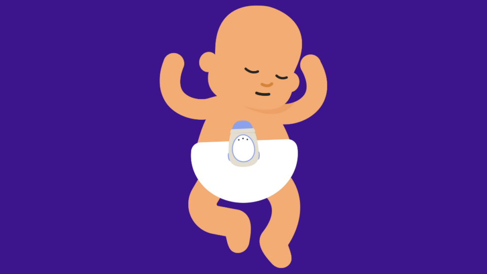 An illustrated baby is sleeping. They have fair skin and wear a nappy. On their nappy is a movement monitor.