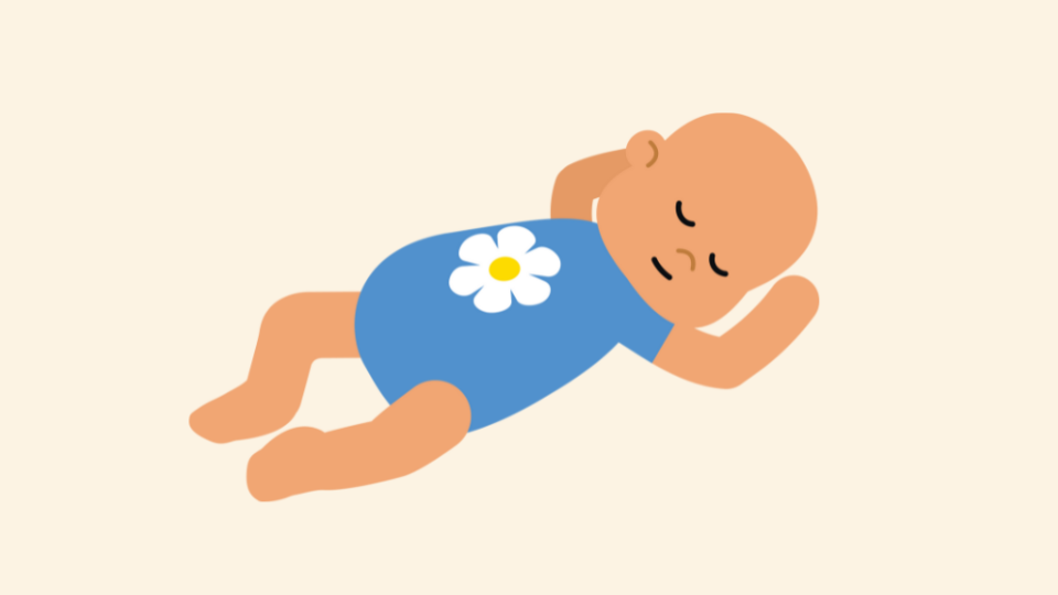 Illustration of a baby sleeping wearing a flower onesie.