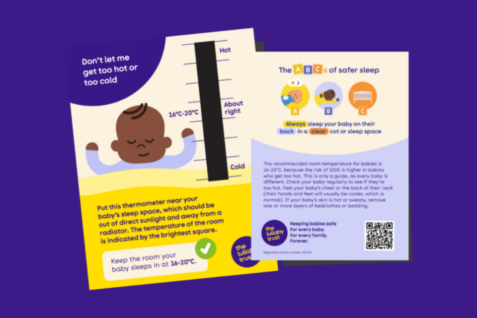 Demonstration of what the room thermometer looks like for babies' rooms. It is a two-sided piece of card with a thermometer on the front, and the ABCs of safer sleep on the back.