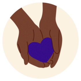Hands holding a purple heart on a cream background.