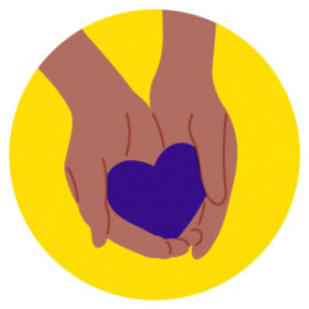 Hands holding a purple heart on a yellow background.